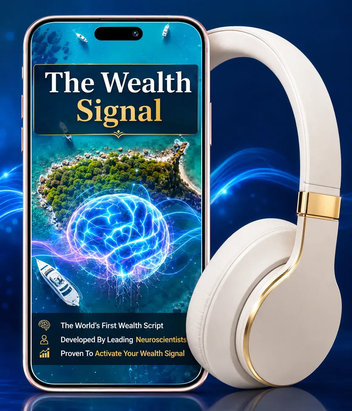 The Wealth Signal audio program cover art with headphones and glowing brain